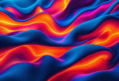 The primary subject of the image is a blue and orange patterned fabric. The setting is a close-up of the fabric, showcasing its intricate design. The visual style is a combination of digital art and illustration, creating a vibrant and colorful appearance. The dominant colors are blue and orange, which contribute to a lively and energetic mood.