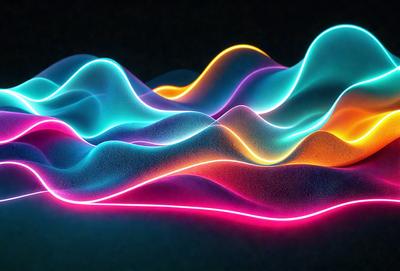 The primary subject of the image is a colorful, pink and blue wave pattern. The setting is a dark background, which contrasts with the vibrant colors of the wave pattern. The visual style appears to be a digital art or illustration, as the wave pattern is composed of multiple lines and shapes. The dominant colors in the image are pink and blue, creating a lively and energetic atmosphere.