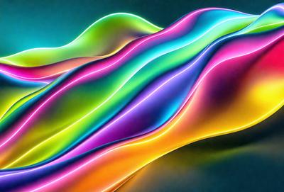 The primary subject of the image is a colorful, abstract design that resembles a rainbow. The setting is a dark background, which contrasts with the vibrant colors of the design. The visual style is a combination of digital art and illustration, creating a unique and eye-catching pattern. The dominant colors are a mix of pink, yellow, blue, and green, giving the image a lively and cheerful atmosphere.