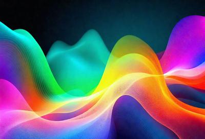 The primary subject of the image is a colorful, abstract pattern that resembles a wave or a water-like structure. The setting is a dark blue background, which contrasts with the vibrant colors of the pattern. The visual style appears to be a combination of digital art and illustration, creating a unique and eye-catching design. The dominant colors in the image are blue, green, and orange, which contribute to a lively and energetic atmosphere.