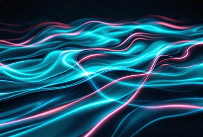 The primary subject of the image is a blue and pink light effect, which appears to be a digital art or illustration. The setting is a dark background, and the visual style is a combination of digital art and light effects. The colors and mood of the image are predominantly blue and pink, creating a vibrant and lively atmosphere.