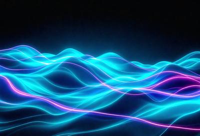 The primary subject of the image is a blue wave, which is the main focus of the scene. The wave is set against a dark background, creating a striking contrast. The visual style of the image is digital art, as it appears to be a computer-generated or digitally manipulated image. The dominant colors in the image are blue and purple, giving it a calming and serene atmosphere.