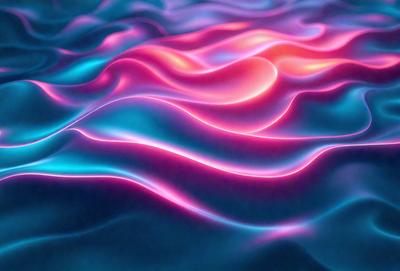 The primary subject of the image is a vibrant, colorful, and swirling pattern that resembles a water surface. The setting is a blue background, which adds to the overall visual style. The colors and mood of the image are lively and energetic, with the dominant colors being pink, blue, and purple.