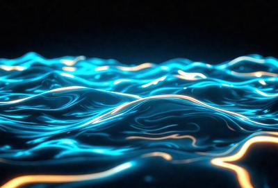 The primary subject of the image is a blue ocean with ripples and waves. The setting is a dark background, which contrasts with the bright blue water. The visual style is a digital art or illustration, creating a vibrant and dynamic scene. The colors and mood are predominantly blue, giving the image a serene and calming atmosphere.