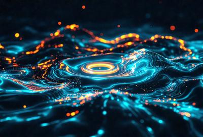 The primary subject of the image is a blue, swirling, and glowing vortex, which appears to be a digital art or illustration. The setting is a dark blue background, and the visual style gives the impression of a futuristic or surreal scene. The colors and mood of the image are predominantly blue, with a sense of depth and motion.