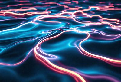 The primary subject of the image is a body of water, possibly a lake or a river, with a vibrant blue color. The water appears to be illuminated by a neon light, creating a unique and visually striking scene. The setting is outdoors, with the water as the main focus. The visual style of the image is a combination of a photo and digital art, as it captures the beauty of the water and the lighting effect in a realistic yet artistic manner. The colors and mood of