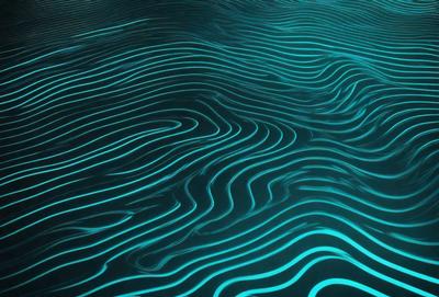 The primary subject of the image is a blue, wavy surface that resembles a water surface. The setting is underwater, with the surface appearing to be a blue ocean. The visual style is a digital art or illustration, creating a unique and vibrant atmosphere. The dominant colors are blue and green, with the blue surface and greenish-blue water creating a serene and calming mood.