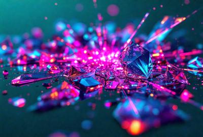 The primary subject of the image is a close-up of a colorful, shattered glass. The setting is a dark background, which contrasts with the vibrant colors of the glass. The visual style is a combination of photo and digital art, creating a unique and eye-catching effect. The colors and mood of the image are predominantly purple and blue, giving it a lively and energetic atmosphere.