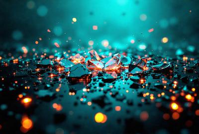 The primary subject of the image is a close-up of a crystal, which is the main object in the scene. The setting is a dark blue background, creating a contrasting and dramatic effect. The visual style is a digital art or illustration, as the crystal is depicted in a stylized manner. The colors and mood of the image are predominantly dark and moody, with the blue background and the crystal's reflective properties adding to the overall atmosphere.