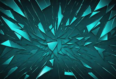 The primary subject of the image is a blue and white glass shattered into many pieces. The setting is a dark background, and the visual style appears to be a digital art or illustration. The dominant colors are blue and white, creating a sense of depth and contrast. The overall atmosphere of the image is dramatic and artistic, with the shattered glass pieces forming a visually striking pattern.