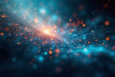 The primary subject of the image is a bright, colorful, and swirling pattern of light, which appears to be a nebula or a galaxy. The setting is a dark, blue background, which contrasts with the vibrant colors of the light pattern. The visual style of the image is a combination of digital art and illustration, creating a dynamic and captivating scene. The colors and mood of the image are predominantly blue and orange, with the blue background providing a sense of depth and the orange