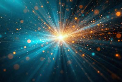 The primary subject of the image is a bright, colorful light source, possibly a star or a light bulb, with a blue hue. The light source is surrounded by a multitude of yellow and blue sparkles, creating a vibrant and lively atmosphere. The setting appears to be a dark background, which contrasts with the bright light source and the sparkles, emphasizing their colors and creating a visually striking scene. The visual style of the image is a combination of digital art and illustration, with the light source