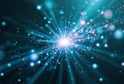 The primary subject of the image is a bright, colorful, and vibrant light source. The light appears to be a neon or laser-like effect, creating a visually striking scene. The setting is a dark background, which contrasts with the bright light source, making it the focal point of the image. The visual style of the image is a combination of digital art and illustration, as it captures the dynamic and luminous nature of the light source. The colors and mood of the image are pre