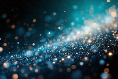 The primary subject of the image is a brightly lit, colorful, and sparkling background. The setting is a dark, blue space, which contrasts with the vibrant colors and lights. The visual style is a combination of digital art and illustration, creating a dynamic and eye-catching scene. The colors and mood are lively and energetic, with the blue background providing a sense of depth and contrast to the brightly lit, colorful elements.