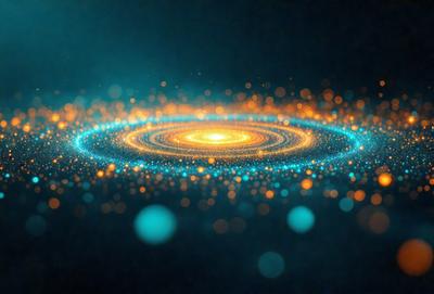 The primary subject of the image is a brightly lit, colorful, and swirling pattern, which appears to be a digital art or illustration. The setting is a dark background, which contrasts with the vibrant colors of the swirling pattern. The visual style is modern and captivating, with the swirling pattern resembling a galaxy or a nebula. The colors and mood of the image are lively and energetic, with the swirling pattern evoking a sense of