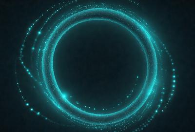 The primary subject of the image is a blue circle with a glowing, neon-like appearance. The circle is the main object, scene, or focus of the image. The setting or background is a dark, blue-green space, which contrasts with the bright, blue circle. The visual style of the image is digital art, as it appears to be a computer-generated or digitally manipulated image. The colors and mood of the image are predominantly blue and neon, creating a vibrant and l