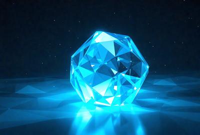 The primary subject of the image is a large, blue, crystal-like sphere. The setting is a dark, starry night, with the sphere floating in the void. The visual style is a combination of digital art and illustration, creating a unique and captivating scene. The colors and mood are predominantly dark and mysterious, with the blue crystal sphere standing out as the focal point of the image.