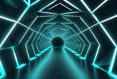 The primary subject of the image is a long, narrow, blue-lit tunnel. The setting is a dark, futuristic environment, with the tunnel being the main focus of the scene. The visual style is a combination of a photo and digital art, creating a unique and captivating atmosphere. The dominant colors are blue and purple, giving the tunnel a futuristic and mysterious appearance.