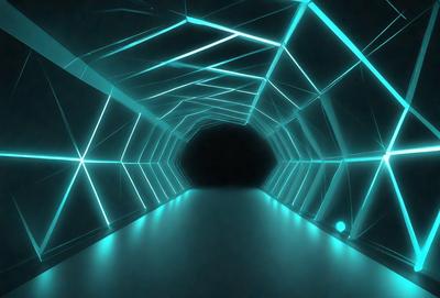 The primary subject of the image is a long, narrow, blue-lit tunnel. The setting is a dark, enclosed space with a blue glow illuminating the tunnel. The visual style is a digital art or illustration, creating a futuristic and surreal atmosphere. The dominant colors are blue and black, with the blue lighting creating a sense of depth and mystery.