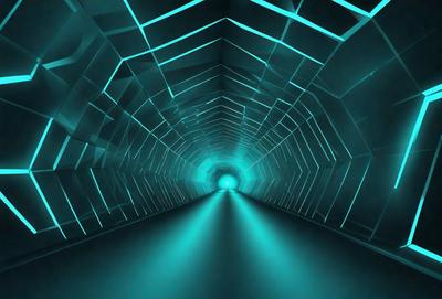 The primary subject of the image is a long, dark tunnel with a blue light illuminating it. The setting is a tunnel, and the visual style appears to be a digital art or illustration. The dominant colors are blue and black, creating a moody atmosphere.