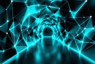 The primary subject of the image is a tunnel-like structure with a blue light illuminating it. The tunnel appears to be made of glass, giving it a futuristic and modern look. The setting is a dark room, which contrasts with the bright blue light coming from the tunnel. The visual style of the image is a combination of digital art and photography, creating a unique and captivating atmosphere. The dominant colors in the image are blue and black, giving the scene a sense of depth and sophistication.