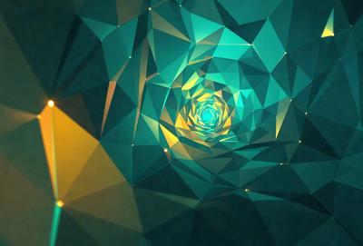 The primary subject of the image is a large, colorful, and intricate pattern made up of triangles. The pattern is displayed on a blue background, creating a visually striking scene. The visual style of the image is a combination of photo and digital art, as it appears to be a close-up of the pattern, yet it also has a digital art quality to it. The dominant colors in the image are blue and green, giving it a calm and soothing atmosphere.