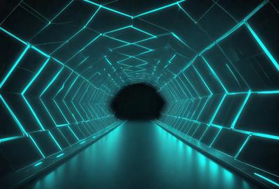The primary subject of the image is a tunnel with a blue lighting effect. The setting is a dark tunnel with a blue glow, creating a unique atmosphere. The visual style is a combination of a photo and digital art, as the tunnel appears to be a part of a futuristic cityscape. The colors and mood are predominantly blue, giving the scene a sense of depth and mystery.