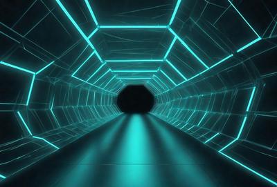 The primary subject of the image is a tunnel with a blue lighting effect. The tunnel appears to be made of metal and has a futuristic, neon-lit appearance. The setting is a dark, enclosed space, and the visual style is a combination of a photo and digital art. The dominant colors are blue and black, creating a moody and futuristic atmosphere.