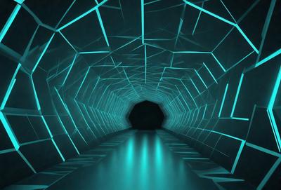 The primary subject of the image is a tunnel with a blue lighting effect. The tunnel appears to be made of metal and has a unique, futuristic design. The setting is a dark, enclosed space, and the visual style is a combination of digital art and illustration. The dominant colors in the image are blue and black, creating a moody and atmospheric ambiance.