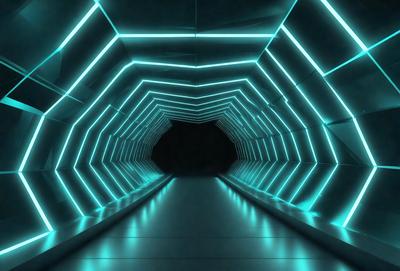 The primary subject of the image is a tunnel with a blue light illuminating it. The setting is a dark tunnel, and the visual style is a digital art or illustration. The dominant colors are blue and purple, creating a cool and futuristic atmosphere.