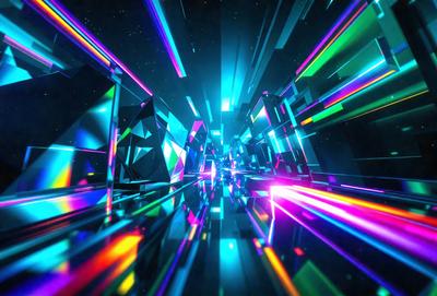 The primary subject of the image is a vibrant, colorful, and abstract scene that appears to be a digital art or illustration. The setting is a space with a backdrop of a starry sky, and the visual style is a mix of bright colors and geometric shapes. The dominant colors in the image are blue, green, and purple, creating a lively and energetic atmosphere.