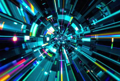 The primary subject of the image is a colorful, swirling tunnel or tunnel-like structure. The setting is a black background, which contrasts with the vibrant colors of the tunnel. The visual style is a combination of digital art and illustration, creating a dynamic and eye-catching scene. The dominant colors are blue, green, and yellow, which contribute to a lively and energetic atmosphere.