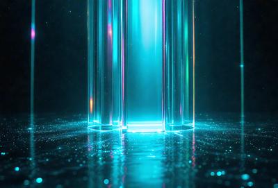 The primary subject of the image is a tall, blue glass structure. The setting is a dark room, and the visual style appears to be a digital art or illustration. The dominant colors in the image are blue and purple, creating a serene and calming atmosphere.