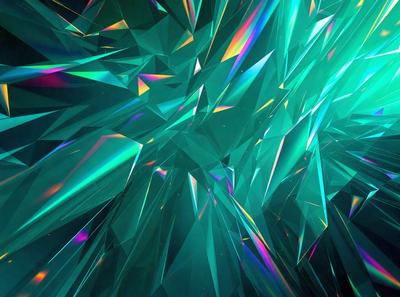 The primary subject of the image is a close-up of a colorful, geometric pattern made up of various shapes and colors. The setting is a dark background, which contrasts with the vibrant colors of the pattern. The visual style appears to be a combination of digital art and illustration, creating a unique and eye-catching design. The dominant colors in the image are green, blue, and purple, giving the pattern a lively and energetic atmosphere.