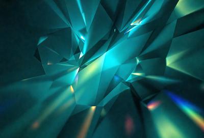 The primary subject of the image is a blue and green geometric pattern, which appears to be a digital art or illustration. The setting is a dark blue background, and the visual style is a combination of digital art and illustration. The dominant colors in the image are blue and green, creating a calm and soothing atmosphere.