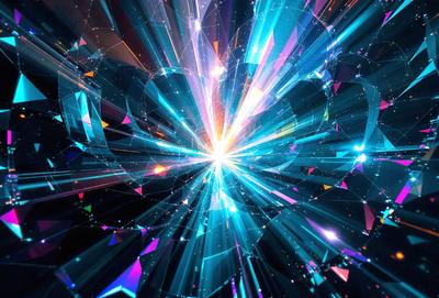 The primary subject of the image is a brightly colored, abstract, and futuristic design. The setting is a dark background, which contrasts with the vibrant colors of the design. The visual style is a combination of digital art and illustration, creating a unique and eye-catching pattern. The colors and mood of the image are energetic, dynamic, and captivating, with a strong emphasis on the blue hues.