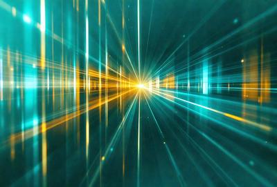 The primary subject of the image is a bright yellow light, which appears to be a sun or a light source. The setting is a tunnel or a long, dark passage, with a blue background. The visual style is a combination of a photo and digital art, creating a unique and captivating atmosphere. The dominant colors are yellow and blue, with the yellow light being the main focus of the image.