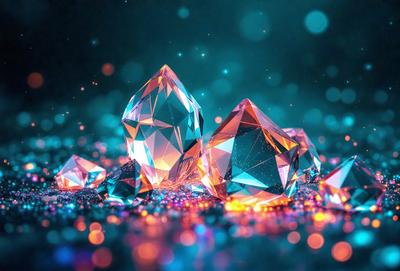 The primary subject of the image is a group of three crystal-like objects, possibly made of glass or plastic, sitting on a blue surface. The setting appears to be a dark room with a blue background, giving the scene a moody and atmospheric feel. The visual style of the image is a combination of photo and digital art, as it captures the details of the objects while also showcasing their unique design. The colors and mood of the image are predominantly blue, creating a sense of depth and mystery