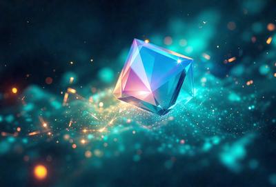 The primary subject of the image is a blue crystal, which is the main object in the scene. The setting is a blue background, and the visual style appears to be a digital art or illustration. The dominant colors in the image are blue and purple, creating a calm and serene atmosphere.