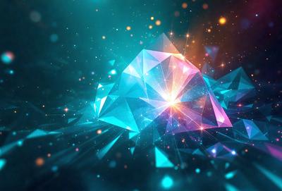 The primary subject of the image is a large, colorful crystal. The setting is a dark, blue space with a few stars visible in the background. The visual style is a combination of digital art and illustration, creating a vibrant and dynamic scene. The dominant colors are blue and purple, giving the image a calming and serene atmosphere.