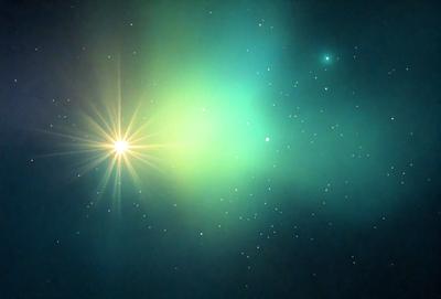 The primary subject of the image is a bright green nebula, which is the main object, scene, or focus of the image. The setting or background of the image is a dark, star-filled sky, which provides a contrasting backdrop for the nebula. The visual style of the image is a photo, capturing the beauty of the nebula in its natural environment. The dominant colors in the image are green and blue, creating a serene and peaceful atmosphere.
