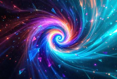 The primary subject of the image is a spiral pattern, which is a digital art piece. The spiral is set against a backdrop of a colorful, swirling background. The visual style of the image is digital art, and the dominant colors are blue and purple, creating a vibrant and lively atmosphere.