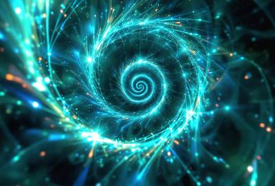 The primary subject of the image is a spiral pattern, which is a blue swirl with bright lights surrounding it. The setting is a dark background, which contrasts with the bright colors of the spiral pattern. The visual style is a combination of digital art and illustration, creating a vibrant and dynamic scene. The colors and mood of the image are predominantly blue and bright, giving it a lively and energetic atmosphere.
