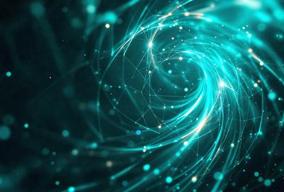 The primary subject of the image is a swirling, blue, and white pattern. The setting is a dark background, which contrasts with the bright colors of the pattern. The visual style appears to be a combination of digital art and illustration, creating a dynamic and vibrant atmosphere. The dominant colors are blue and white, with the blue hues creating a sense of depth and movement in the pattern.