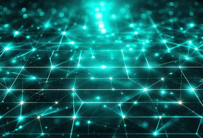 The primary subject of the image is a brightly lit, colorful, and intricate pattern of interconnected lines and dots. The setting appears to be a futuristic or digital environment, with the pattern resembling a network of connections. The visual style of the image is a combination of digital art and illustration, creating a vibrant and dynamic scene. The colors and mood of the image are predominantly green and blue, giving it a fresh and lively atmosphere.