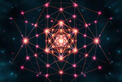 The primary subject of the image is a geometric pattern, which appears to be a three-dimensional structure. The setting is a dark background, which contrasts with the brightly colored geometric pattern. The visual style of the image is a combination of digital art and illustration, creating a unique and intricate design. The dominant colors in the image are red, orange, and yellow, which contribute to a warm and vibrant atmosphere.