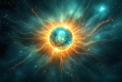 The primary subject of the image is a bright, glowing, and colorful ball, which appears to be a celestial object or a nebula. The setting is a dark, starry sky, with the ball being the main focus of the image. The visual style is a combination of photo and digital art, creating a vibrant and dynamic scene. The colors and mood of the image are predominantly warm and luminous, with the bright ball standing out against the dark background.