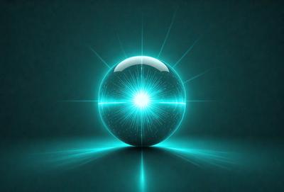 The primary subject of the image is a large, brightly lit, and glowing sphere. The setting is a dark background, which contrasts with the brightness of the sphere. The visual style appears to be a digital art or illustration, as the sphere is depicted with a vibrant and luminous appearance. The colors and mood of the image are predominantly blue, creating a sense of depth and tranquility.