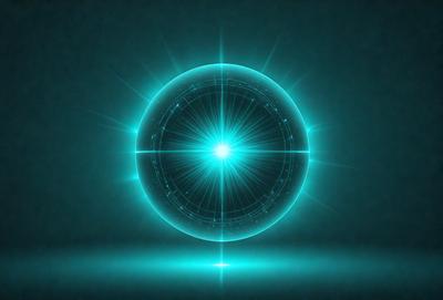 The primary subject of the image is a blue circle with a bright light in the center. The circle appears to be a graphic design or a digital art piece, and it is set against a dark blue background. The visual style of the image suggests that it is a digital art or illustration, and the colors and mood convey a sense of depth and complexity.
