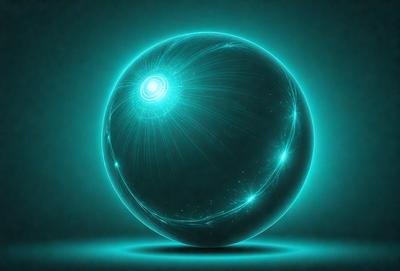The primary subject of the image is a large, blue, glowing sphere. The setting is a dark background, which contrasts with the bright blue light emanating from the sphere. The visual style appears to be a digital art or illustration, as the sphere has a smooth, shiny surface and the light seems to be emanating from within the object. The colors and mood of the image are predominantly blue, creating a sense of calmness and tranquility.